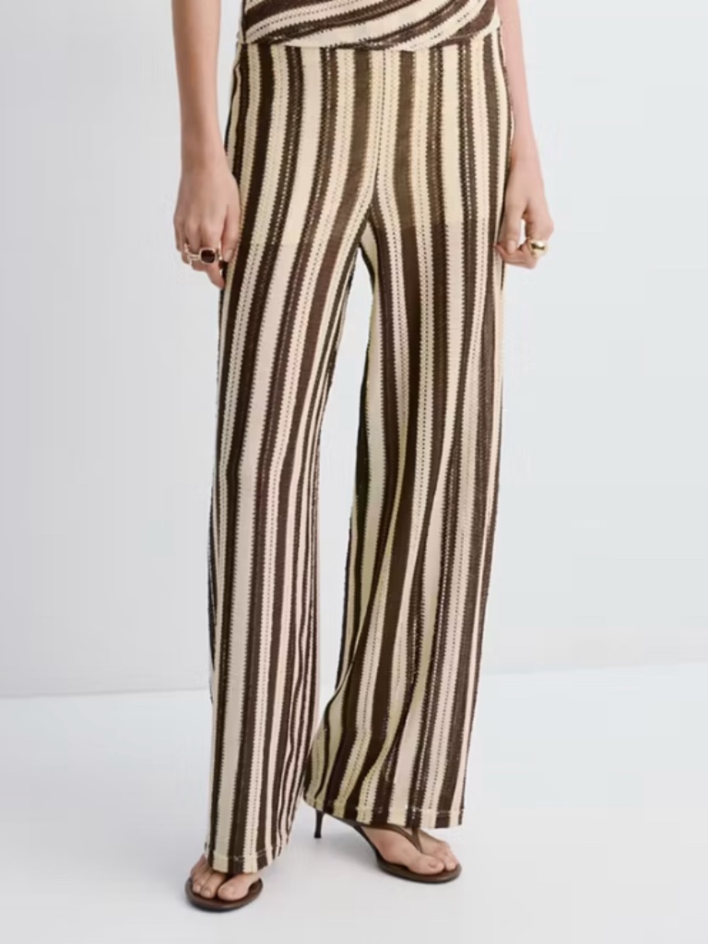 NWOT Mango XS Knit Crochet Striped Straight Leg Flowy Pants Beige Brown MNG